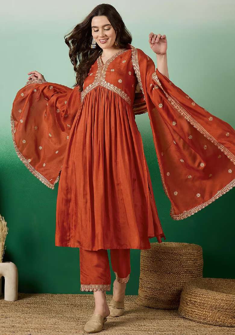 Orange Embroidery Silk Blend Kurta Set - Indya