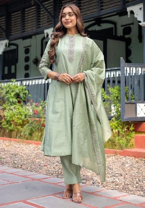 Olive Embroidery Silk Blend Kurta Set