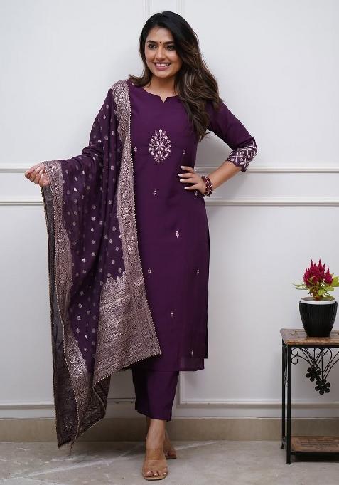 Purple Embroidery Silk Blend Kurta Set