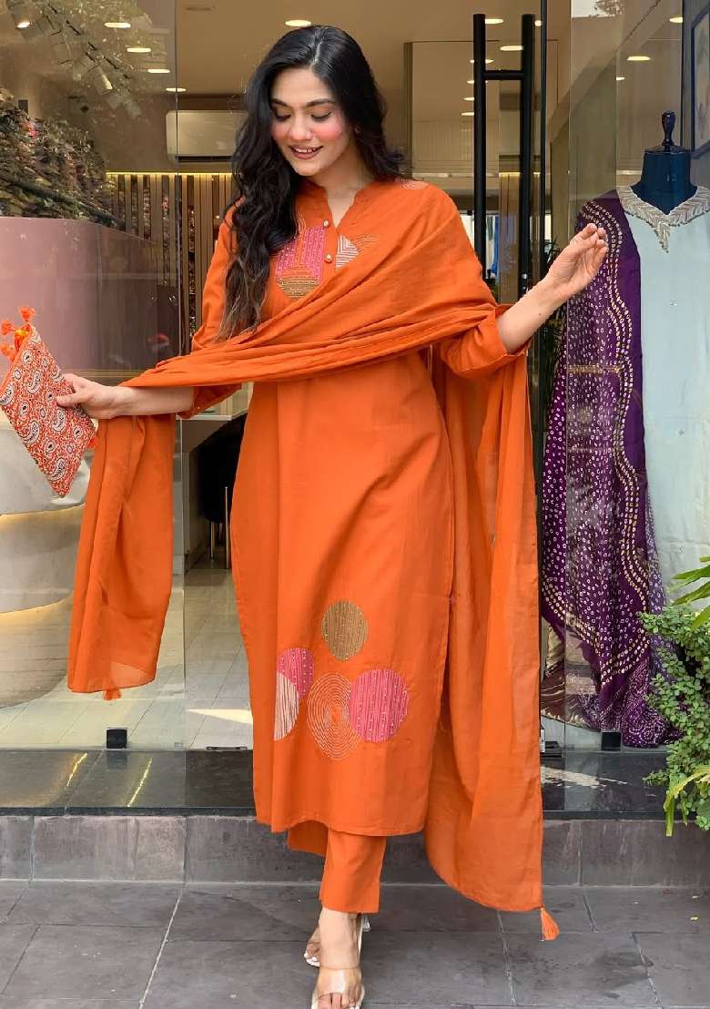 Orange Embroidery Silk Blend Kurta Set - Indya