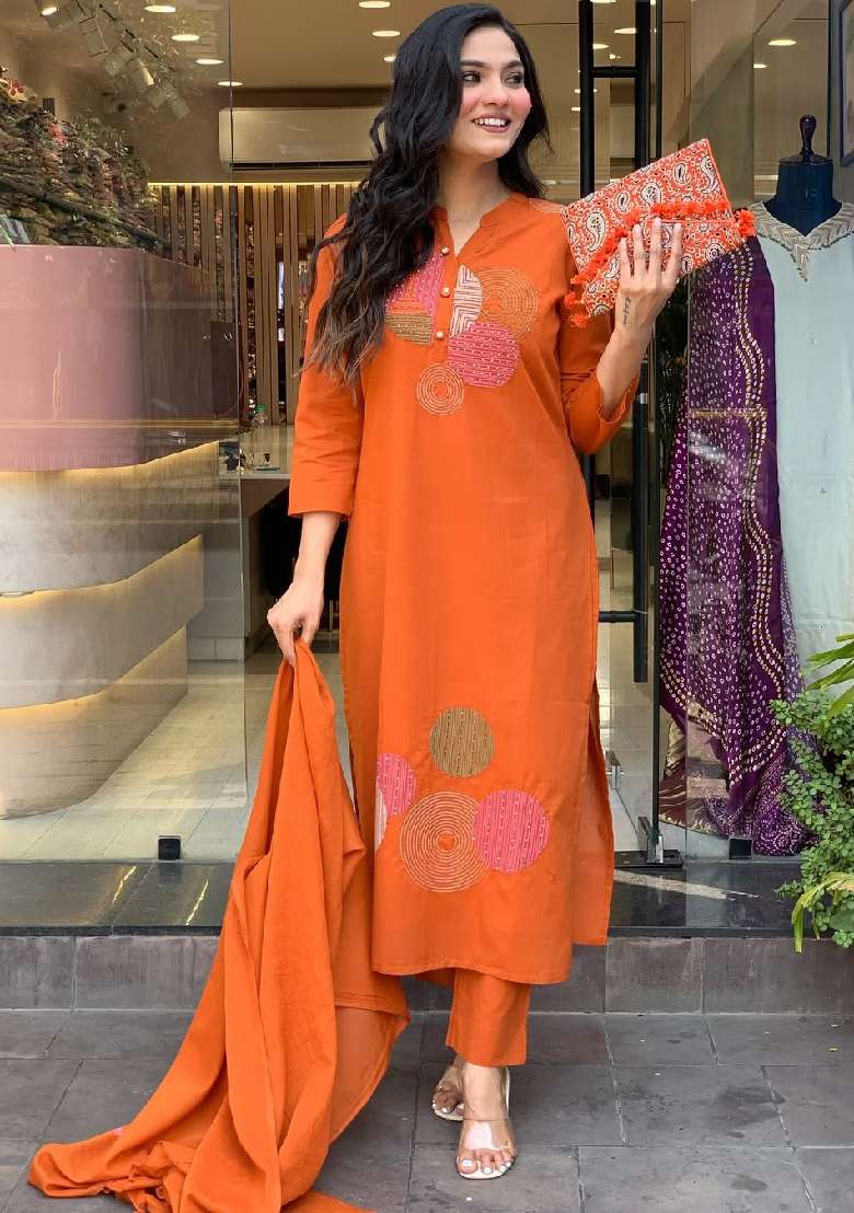 Orange Embroidery Silk Blend Kurta Set - Indya