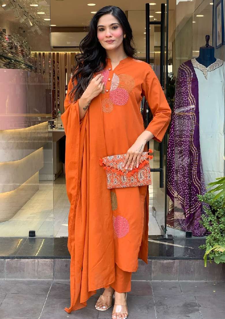Orange Embroidery Silk Blend Kurta Set - Indya