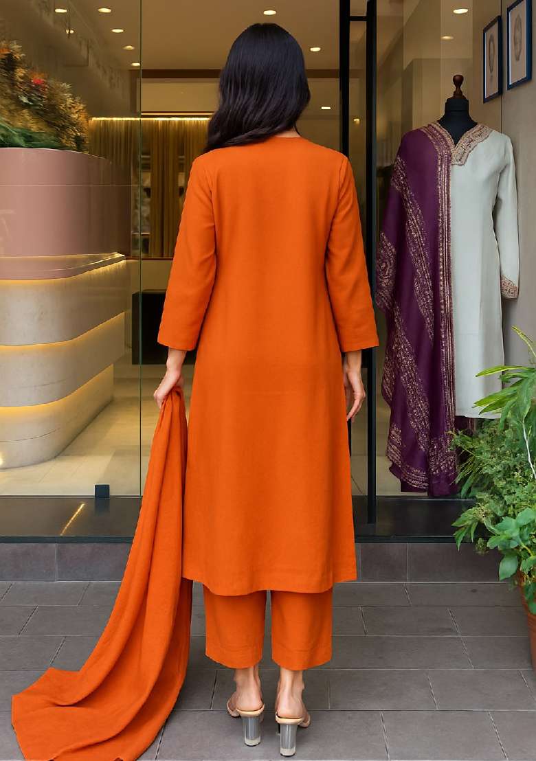 Orange Embroidery Silk Blend Kurta Set - Indya