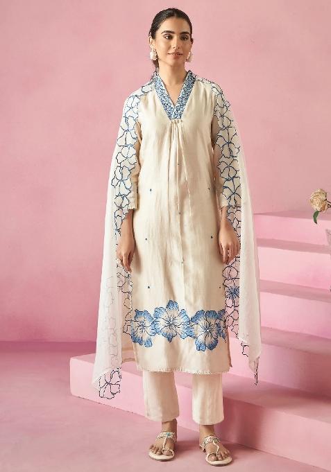 Cream Embroidery Silk Blend Kurta Set