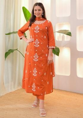 Orange Embroidery Silk Blend Kurta Set