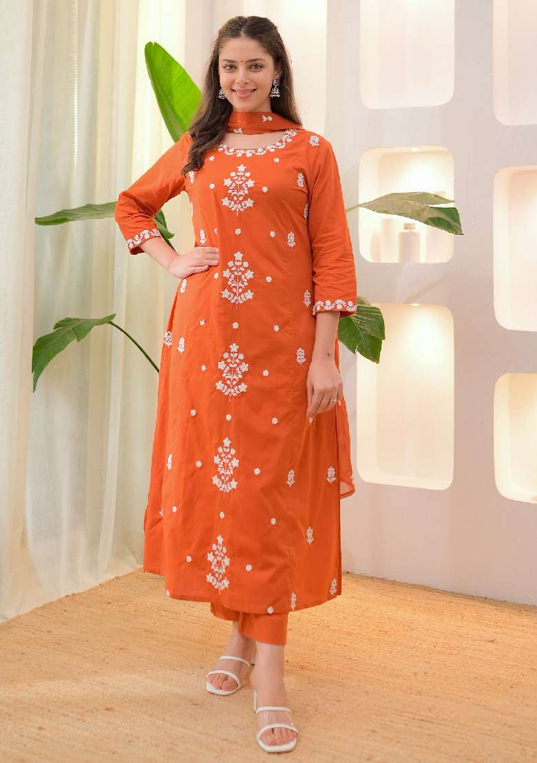 Orange Embroidery Silk Blend Kurta Set - Indya