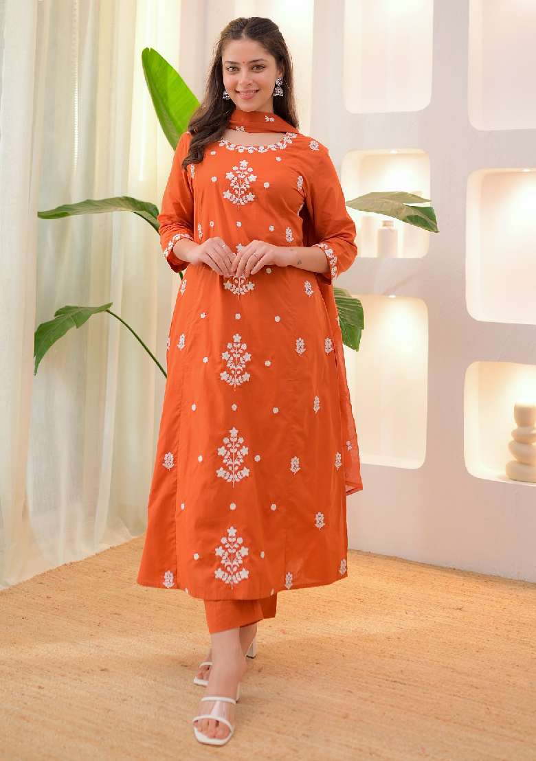 Orange Embroidery Silk Blend Kurta Set - Indya