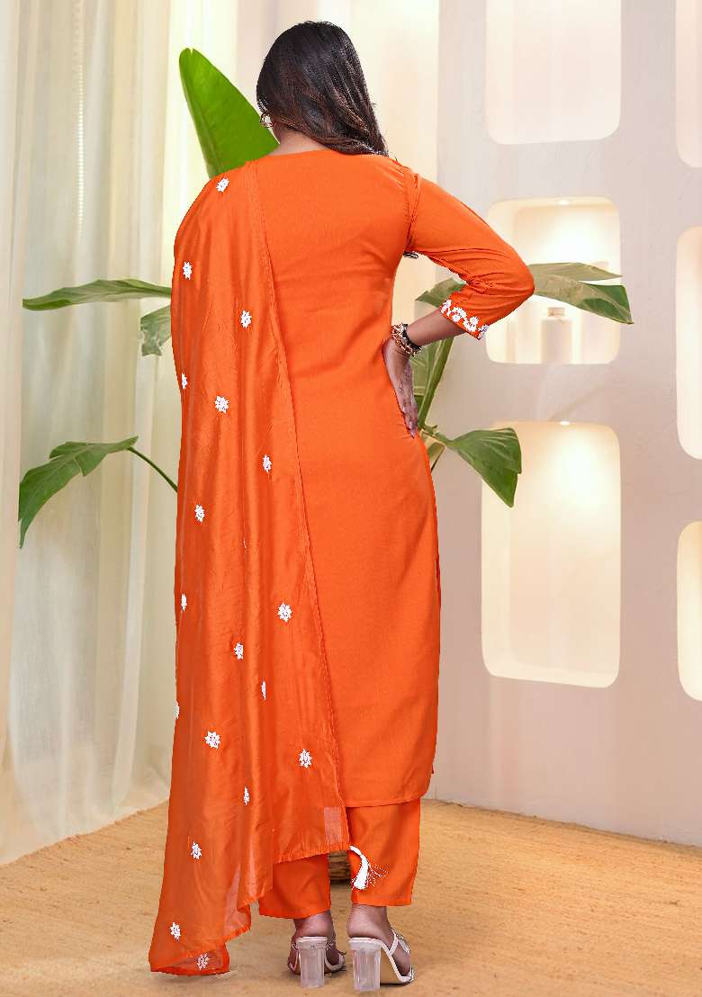 Orange Embroidery Silk Blend Kurta Set - Indya