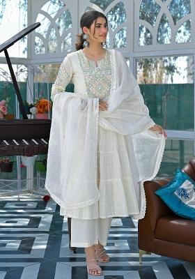 White Embroidery Silk Blend Kurta Set