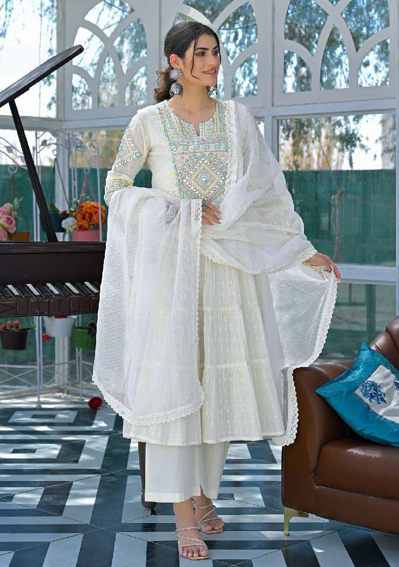 White Embroidery Silk Blend Kurta Set - Indya