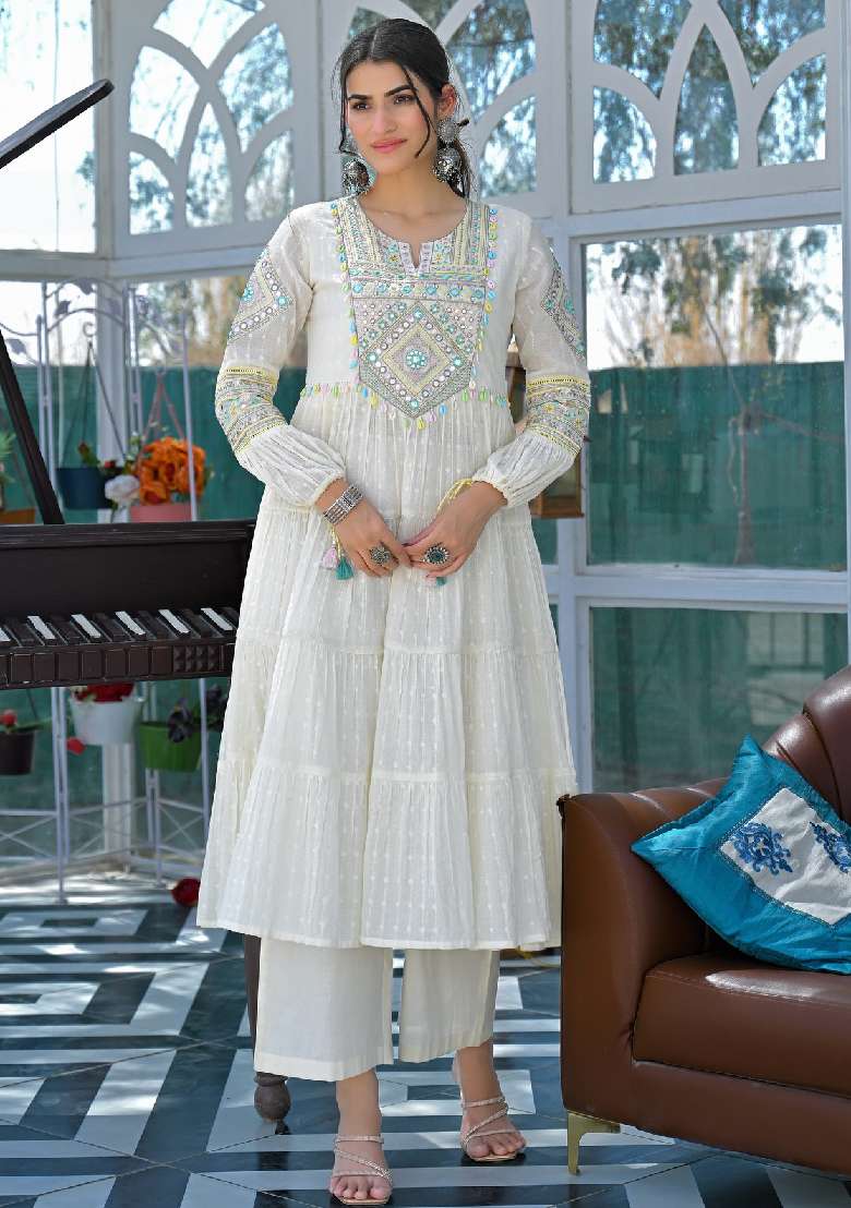 White Embroidery Silk Blend Kurta Set - Indya