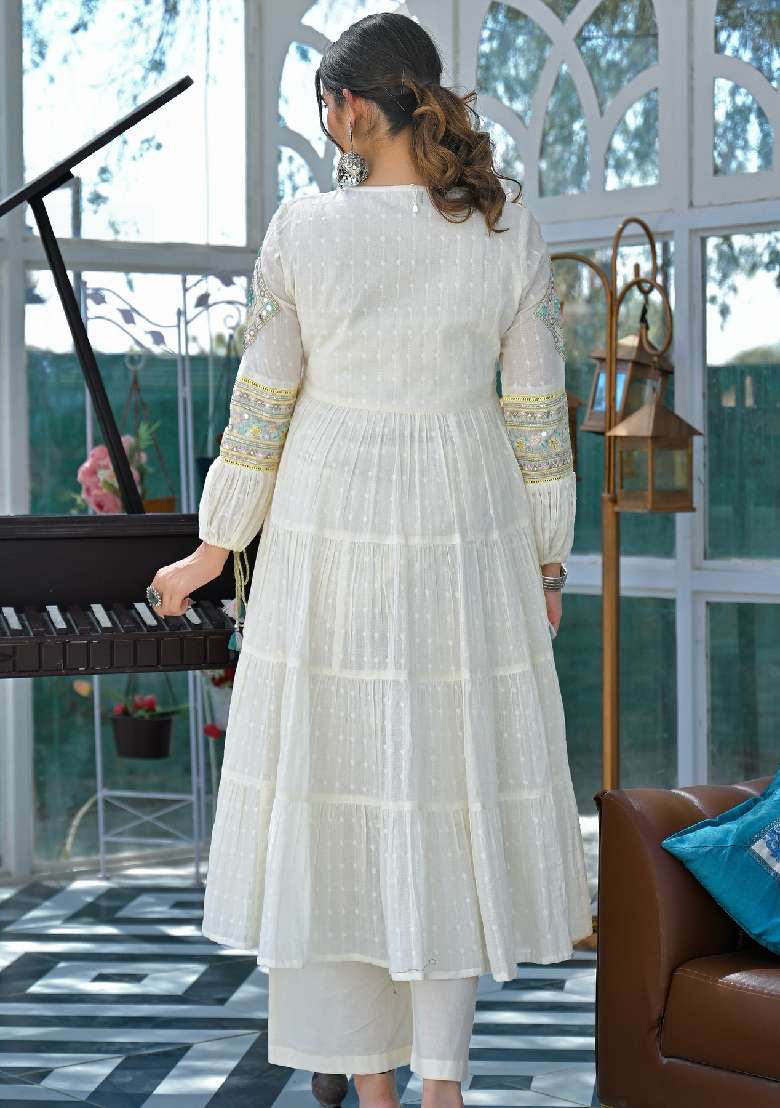 White Embroidery Silk Blend Kurta Set - Indya