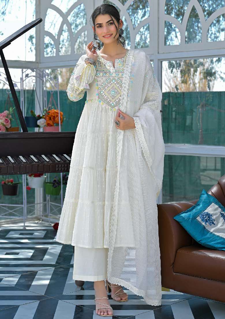 White Embroidery Silk Blend Kurta Set - Indya