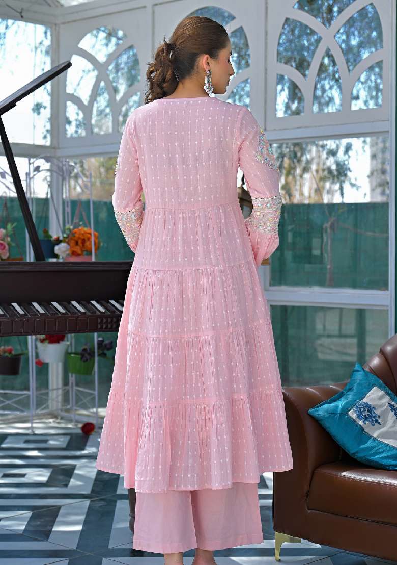 Pink Embroidery Silk Blend Kurta Set - Indya