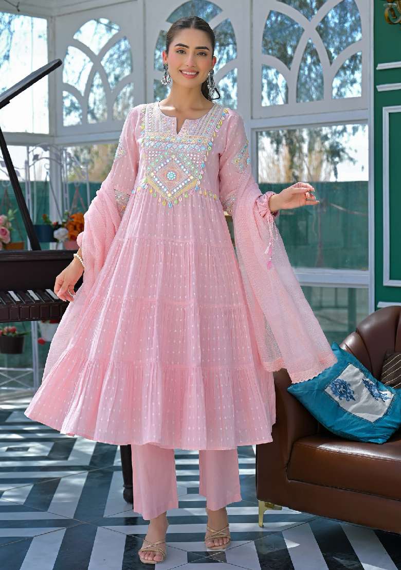 Pink Embroidery Silk Blend Kurta Set - Indya
