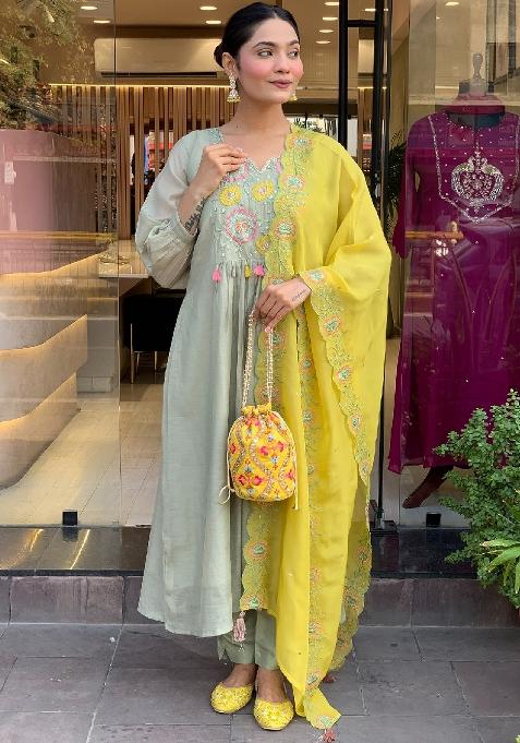 Olive Embroidery Silk Blend Kurta Set