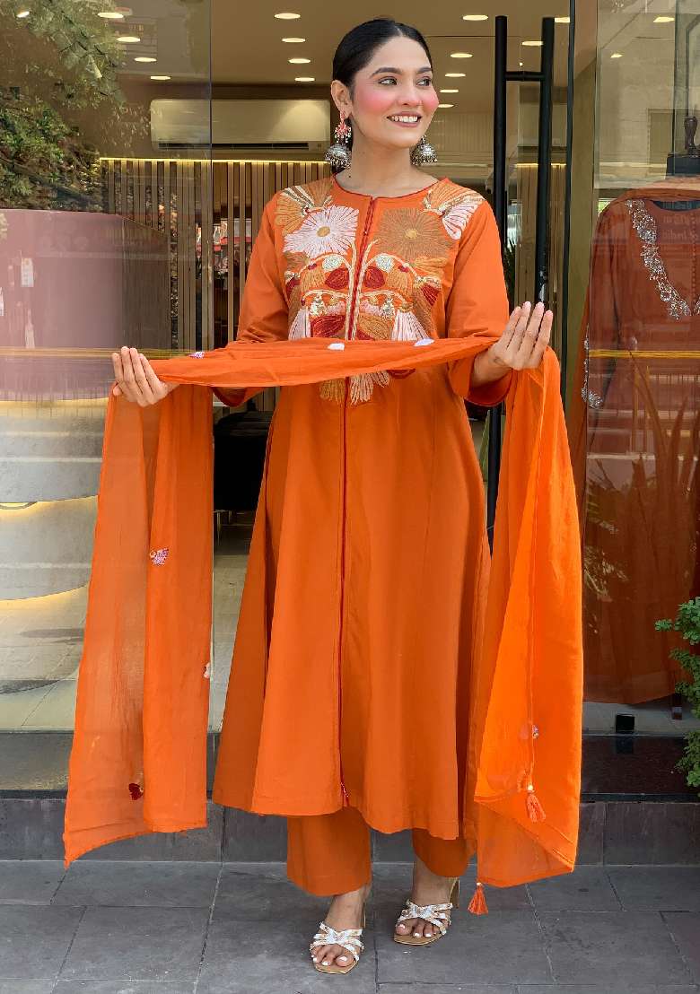 Orange Embroidery Silk Blend Kurta Set - Indya