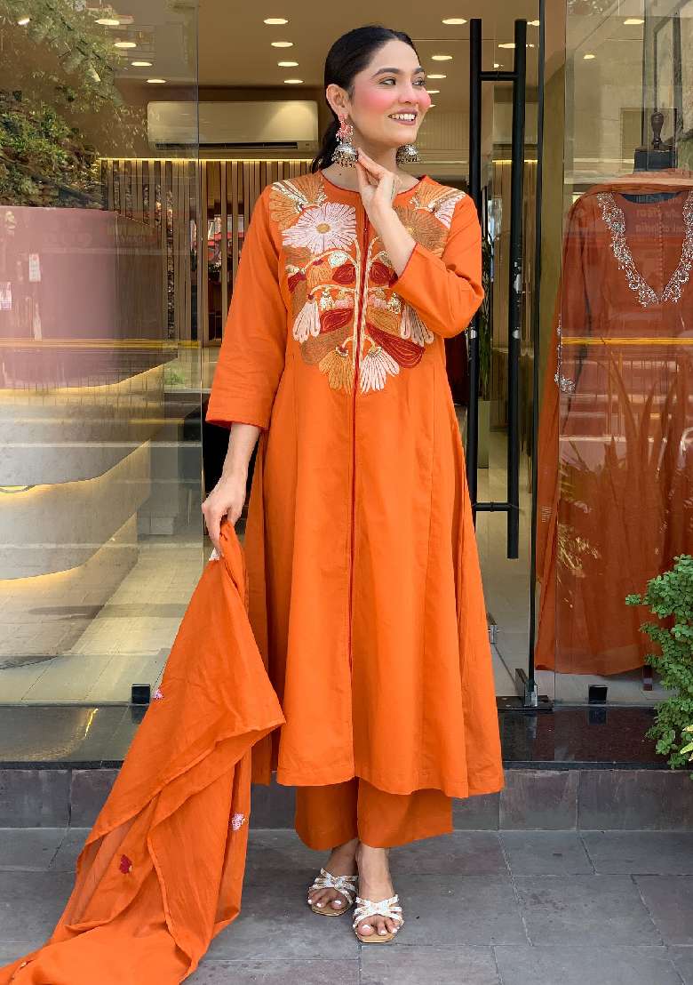 Orange Embroidery Silk Blend Kurta Set - Indya