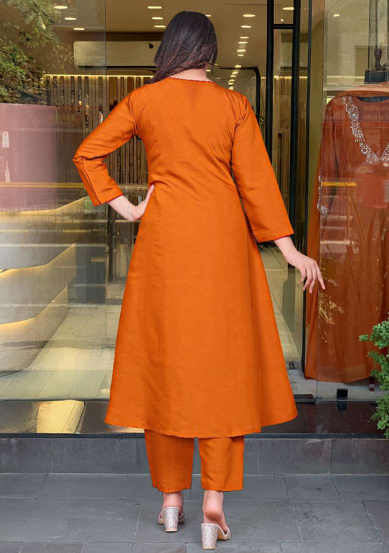 Orange Embroidery Silk Blend Kurta Set - Indya