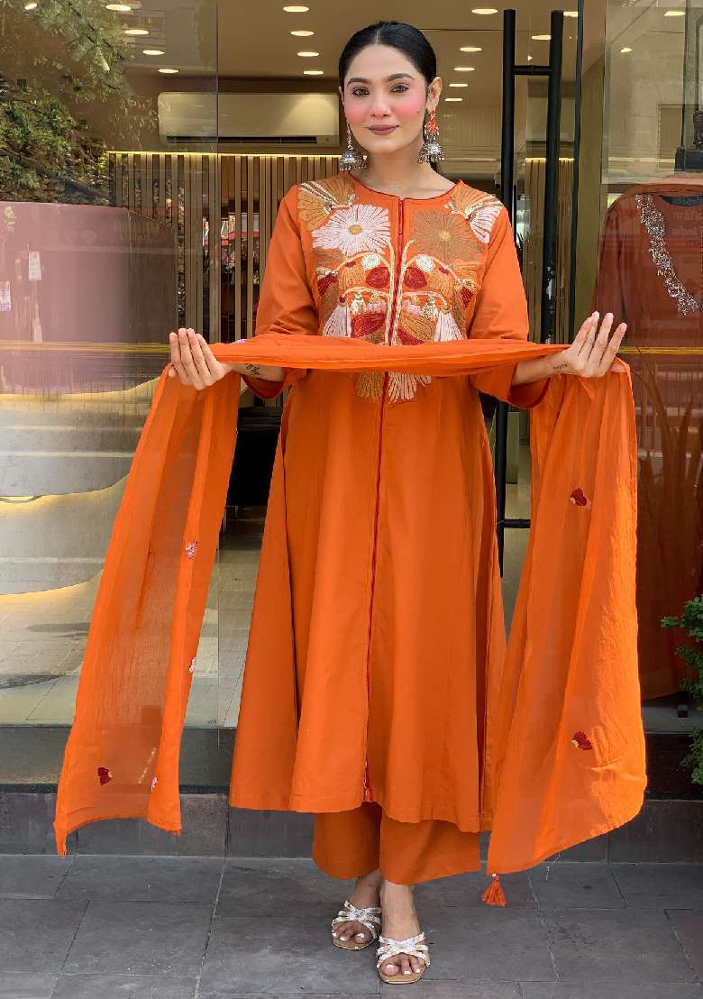 Orange Embroidery Silk Blend Kurta Set - Indya