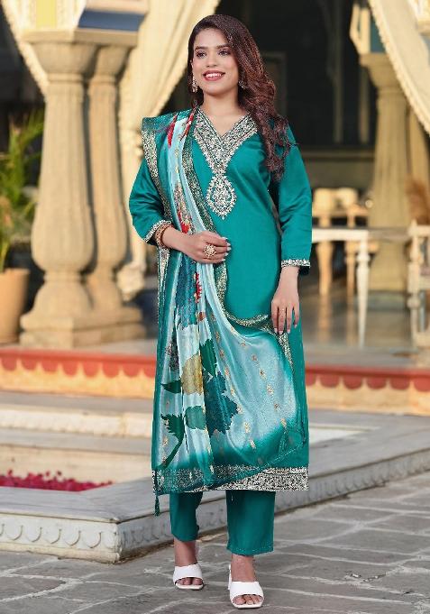 Blue Embroidery Silk Blend Kurta Set