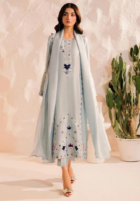 Grey Embroidery Silk Blend Kurta Set