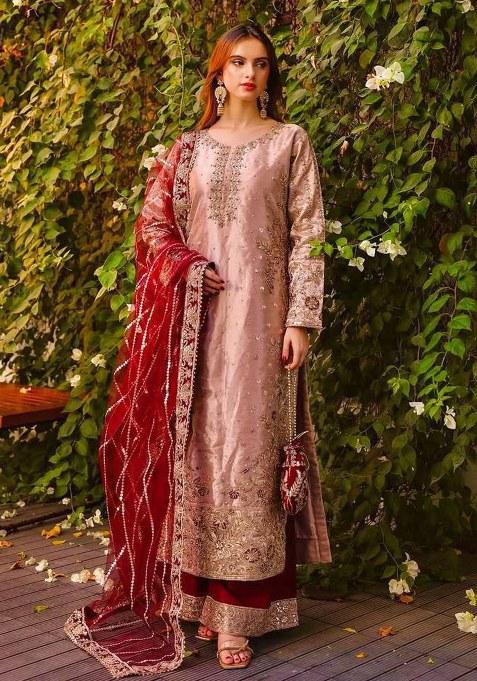 Peach Embroidery  Silk Kurta Set