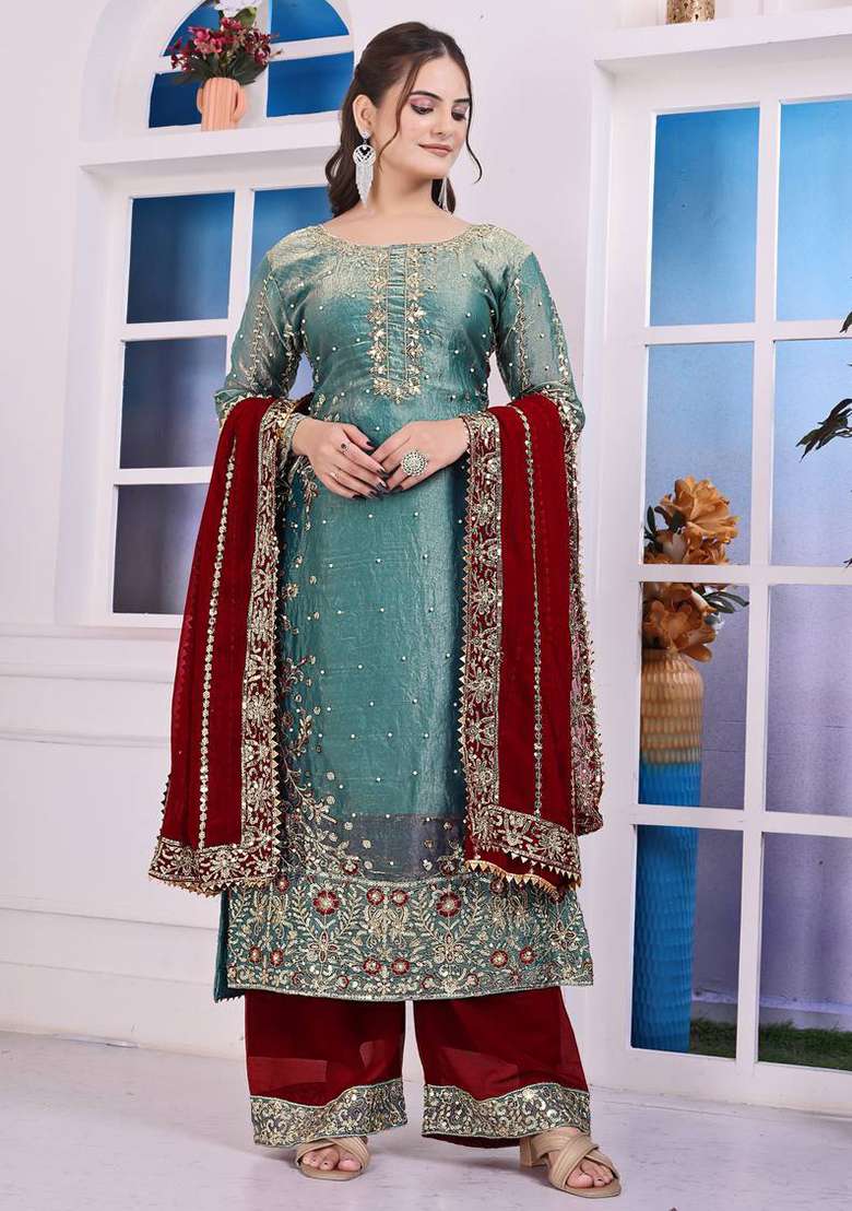 Sky Blue Embroidered Silk Straight Kurta Set - Indya