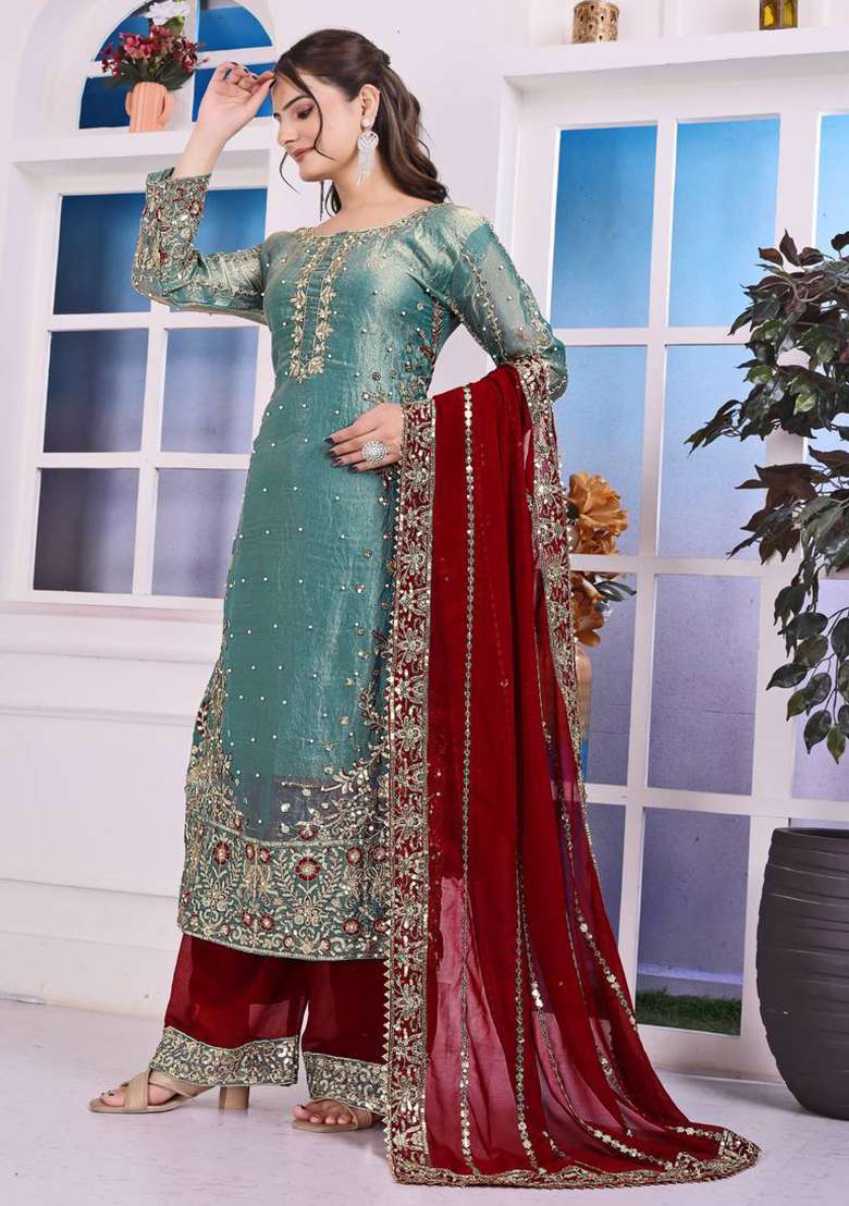 Sky Blue Embroidered Silk Straight Kurta Set - Indya