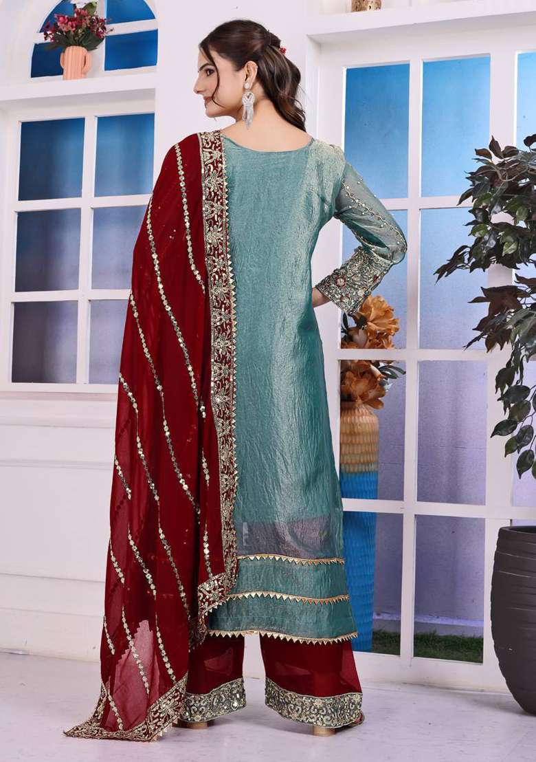 Sky Blue Embroidered Silk Straight Kurta Set - Indya