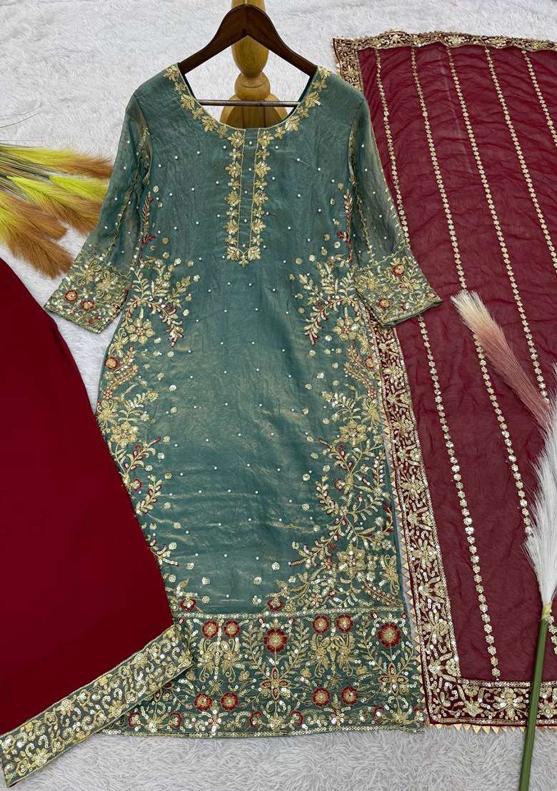 Sky Blue Embroidered Silk Straight Kurta Set - Indya