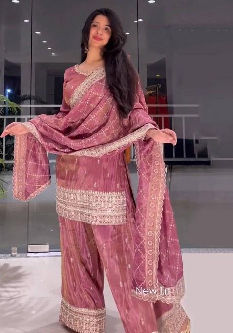 Peach Embroidery Jimmi Silk Kurta Set