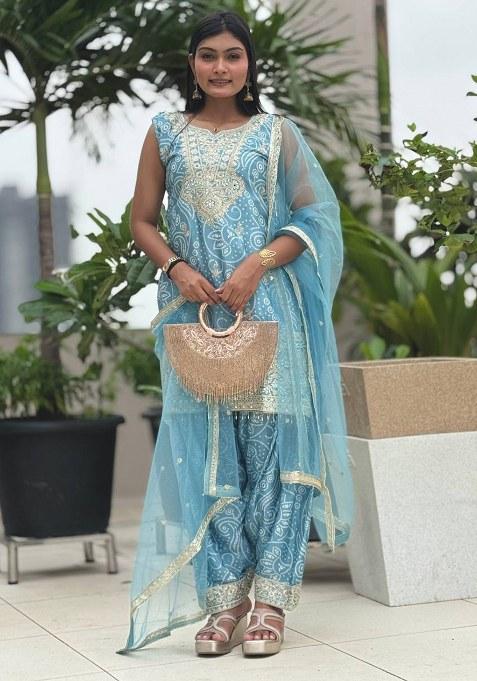 Sky Blue Embroidery Chinon Silk Kurta Set