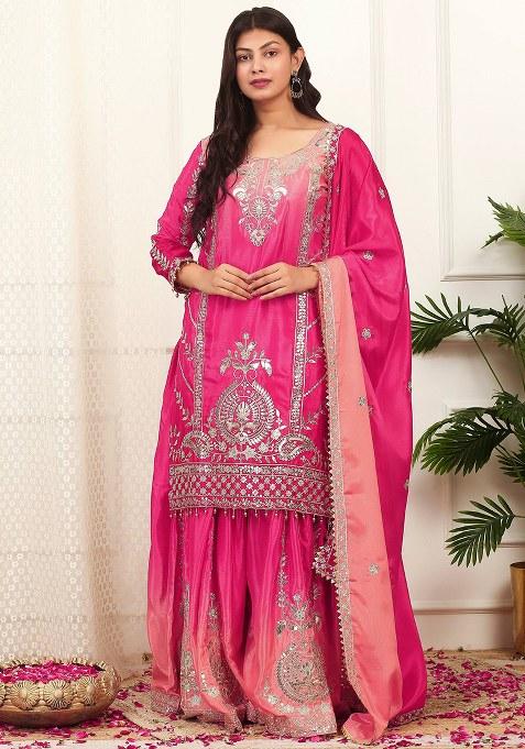 Pink Embroidery Chinon Silk Kurta Set
