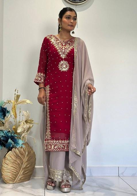 Maroon Embroidery Georgette Kurta Set