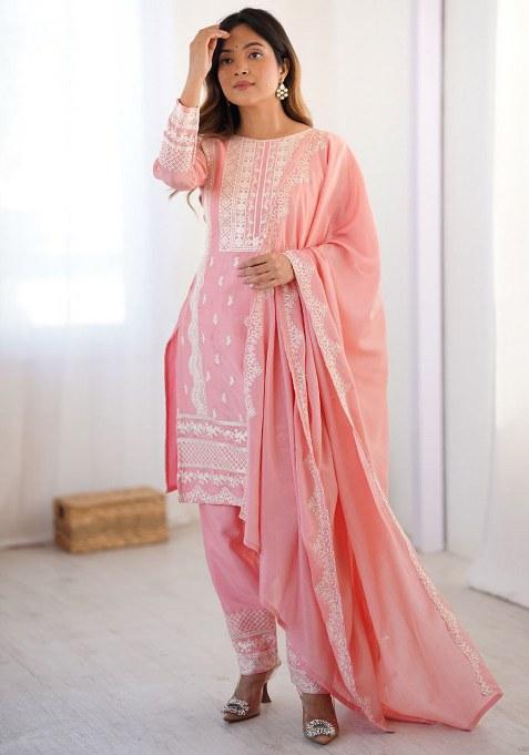 Baby Pink Embroidery Chinon Silk Kurta Set
