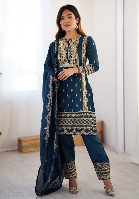 Blue Embroidery Chinon Silk Kurta Set