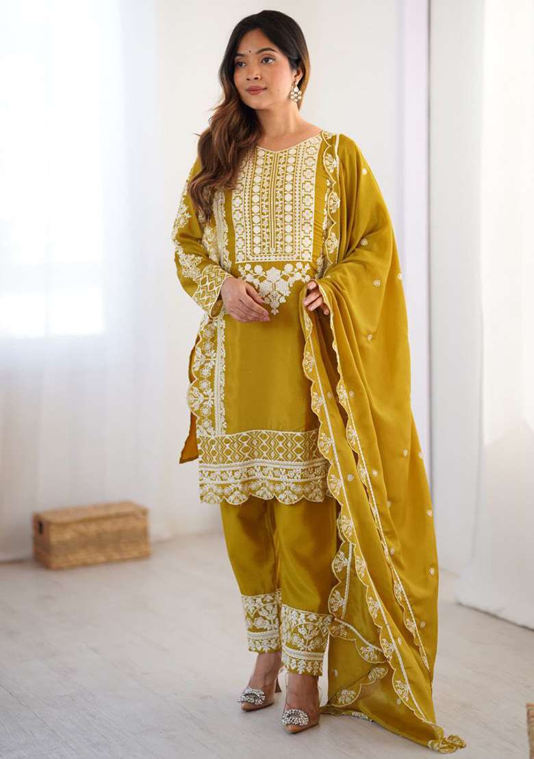 Yellow Embroidery Chinon Silk Kurta Set - Indya