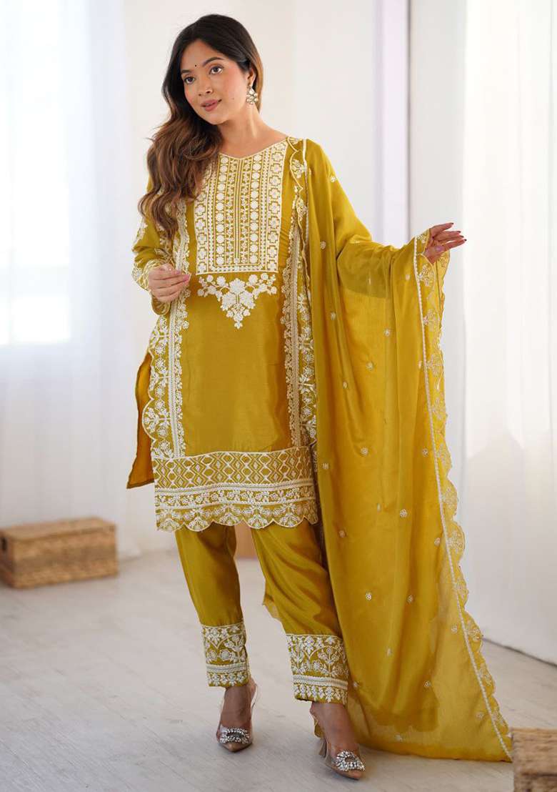 Yellow Embroidery Chinon Silk Kurta Set - Indya