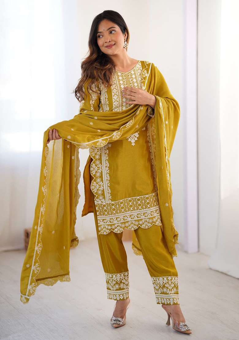 Yellow Embroidery Chinon Silk Kurta Set - Indya