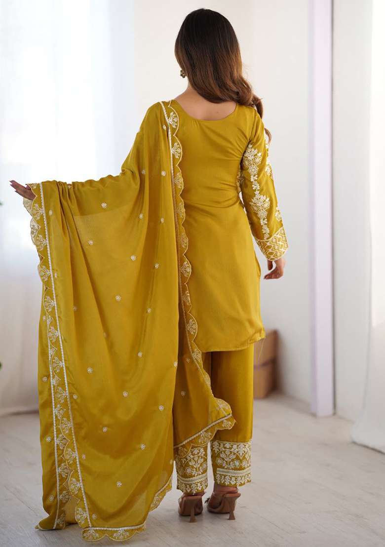 Yellow Embroidery Chinon Silk Kurta Set - Indya