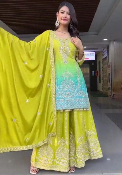 Parrot Green Embroidery Chinon Silk Kurta Set