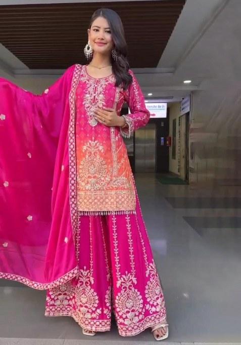 Pink Embroidery Chinon Silk Kurta Set