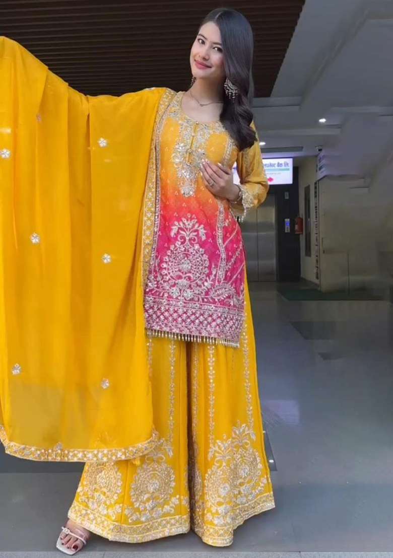 Yellow Embroidery Chinon Silk Kurta Set - Indya