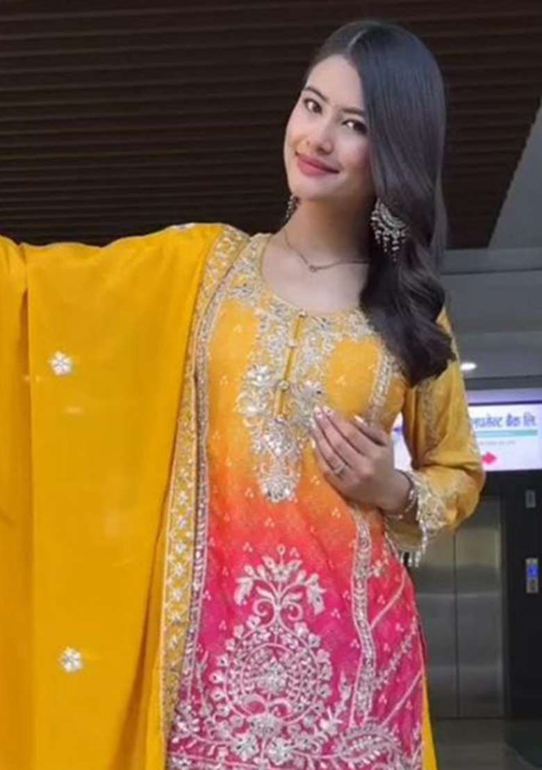 Yellow Embroidery Chinon Silk Kurta Set - Indya