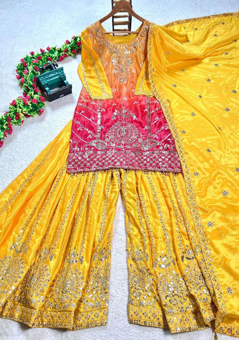 Yellow Embroidery Chinon Silk Kurta Set - Indya