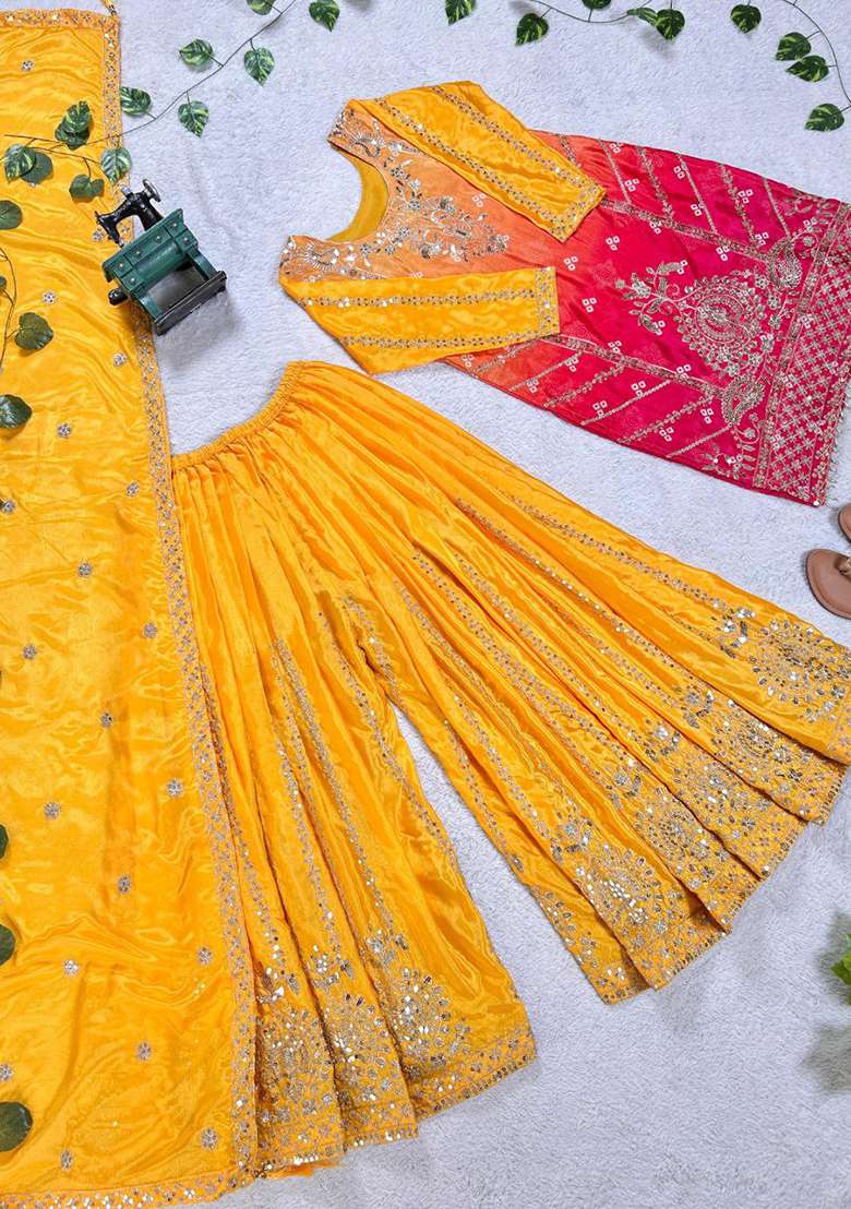 Yellow Embroidery Chinon Silk Kurta Set - Indya