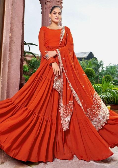 Rust Embroidery Georgette Kurta Set