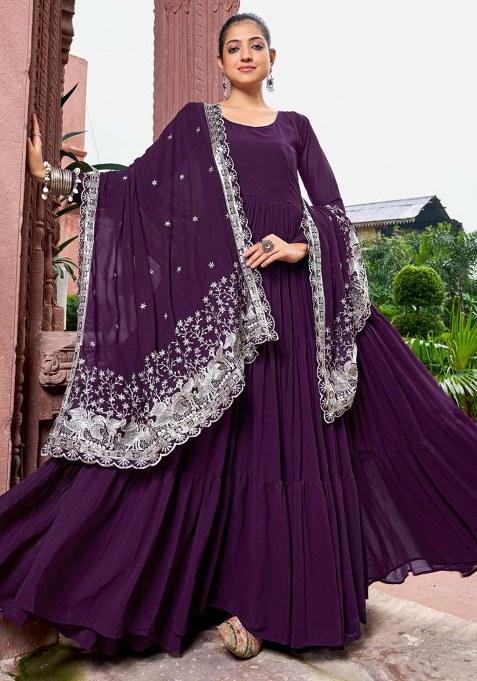 Wine Embroidery Georgette Kurta Set