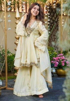 Off White Mirror Work Zari Silk Kurta Set